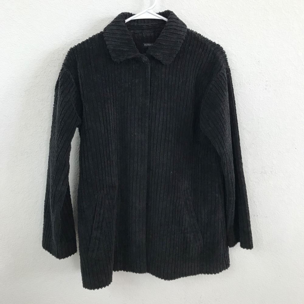 Eileen Fisher Organic Cotton Knit Cardigan Jacket Size PP Black Snap Front